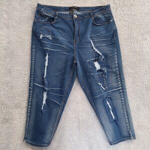 ASHLEY STEWART Size 18 Distressed Capri Jeans Blue Denim Ripped Stretch Crop